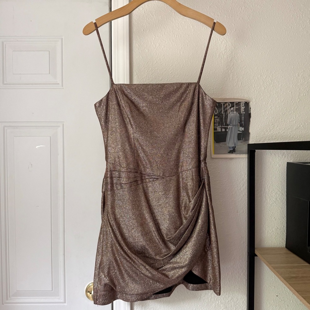 NWT HOUSE OF CB bronze pink glitter sparkle ruched sleeveless mini dress